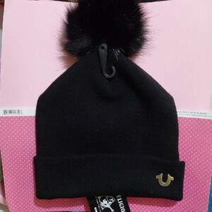 True Religion Black Beanie with Gold Logo